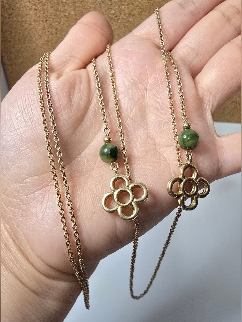Vintage Gold Clover Jade Stone Lariat Necklace